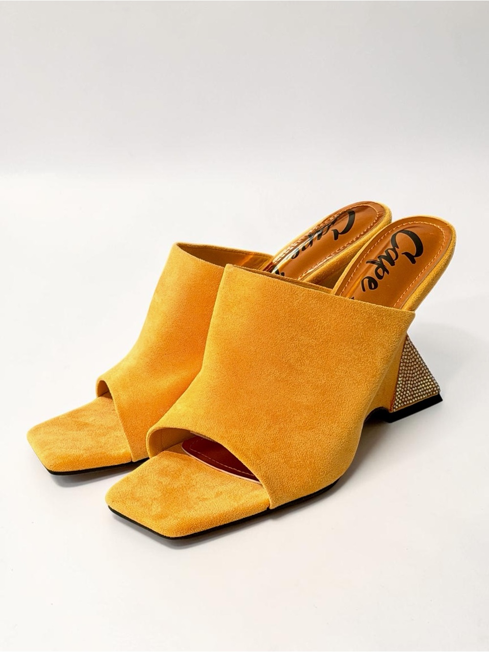 Cape Robbin Orange Yellow Suede Open-Toe Mules with Embellished Block Heel - Picture 6 of 13